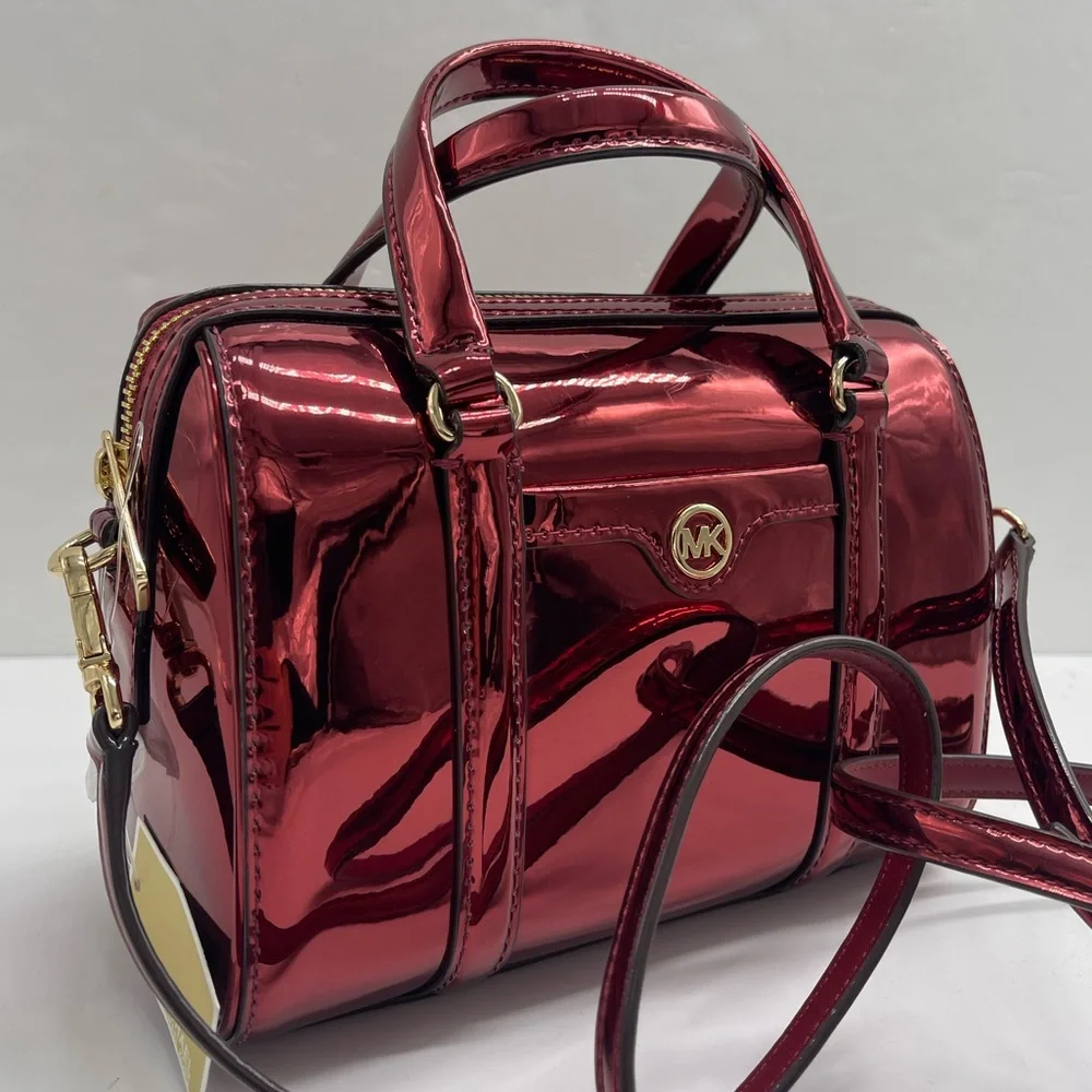 MICHAEL KORS Jet Set Sm Metallic Convertible Crossbody Duffle XBODY Cherry NWT
